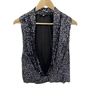 Patrizia Pepe Sequin Blouse Open front Cowl Neck Sheer Women's 44/ US 8 Silk